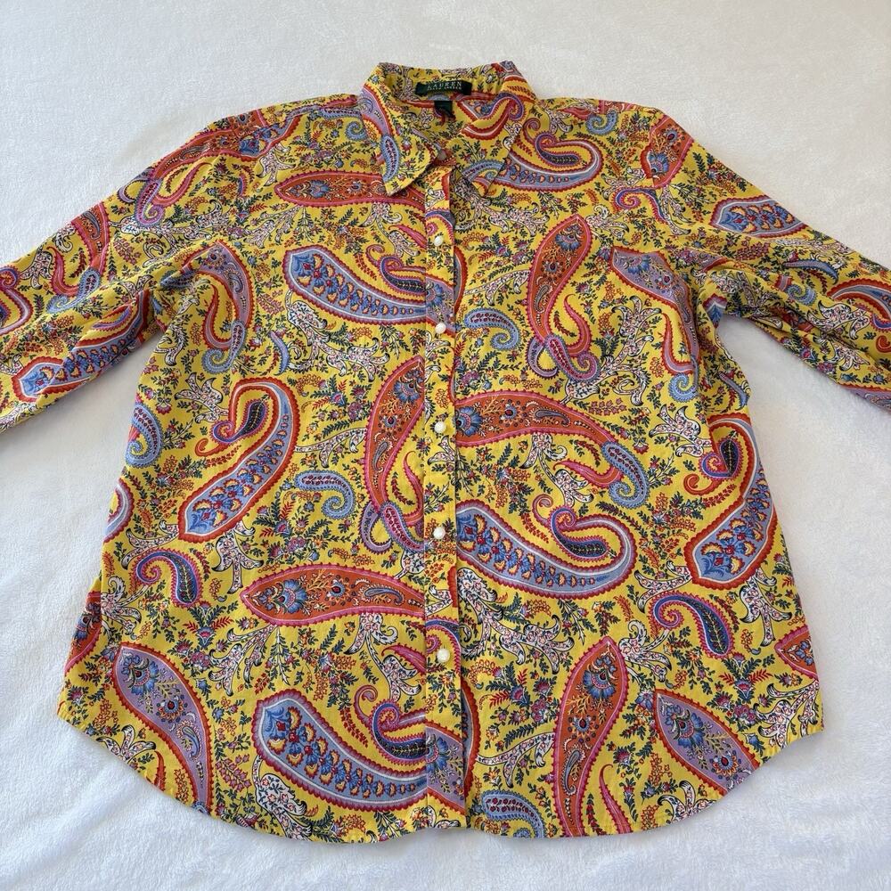 Lauren Ralph Lauren Yellow Paisley Button Up Shirt Monogram Buttons Size XL